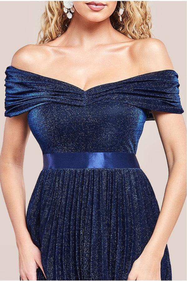 Goddiva Bardot Pleated Skirt Maxi Dress - Navy By Goddiva