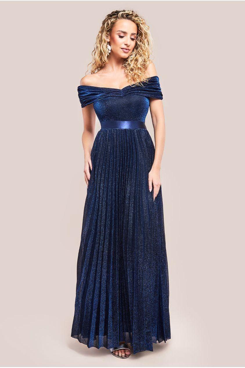 goddiva Bardot Pleated Skirt Maxi Dress - Navy by Goddiva
