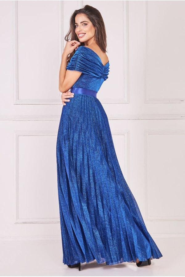 Goddiva Bardot Pleated Skirt Maxi Dress - Royalblue By Goddiva
