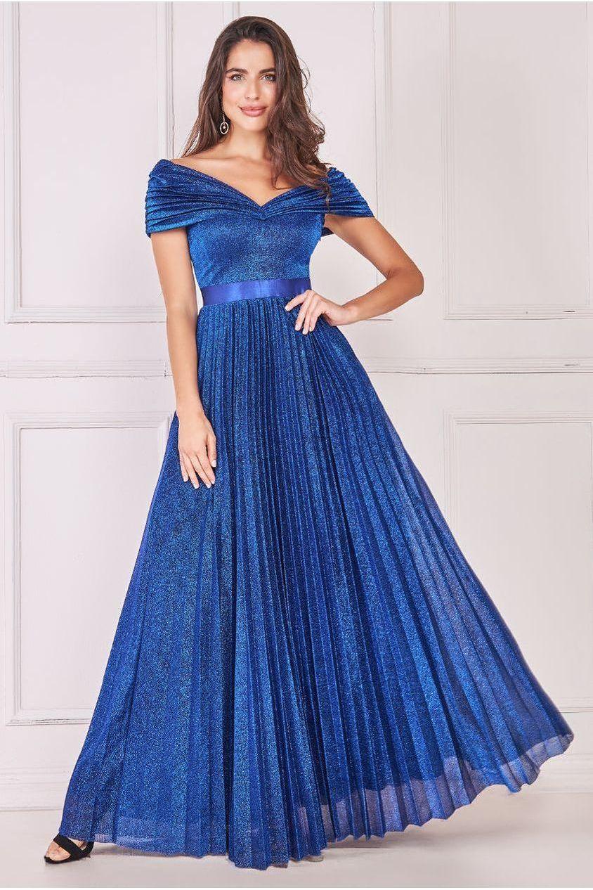 goddiva Bardot Pleated Skirt Maxi Dress - Royalblue by Goddiva