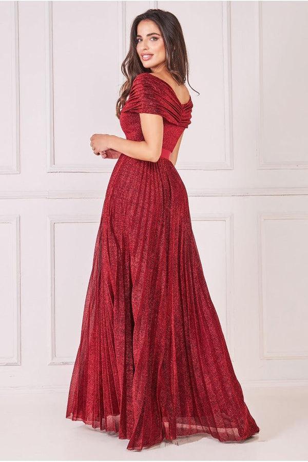 Goddiva Bardot Pleated Skirt Maxi Dress - Wine By Goddiva