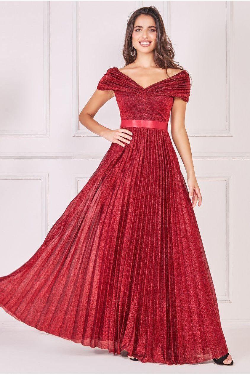 goddiva Bardot Pleated Skirt Maxi Dress - Wine by Goddiva