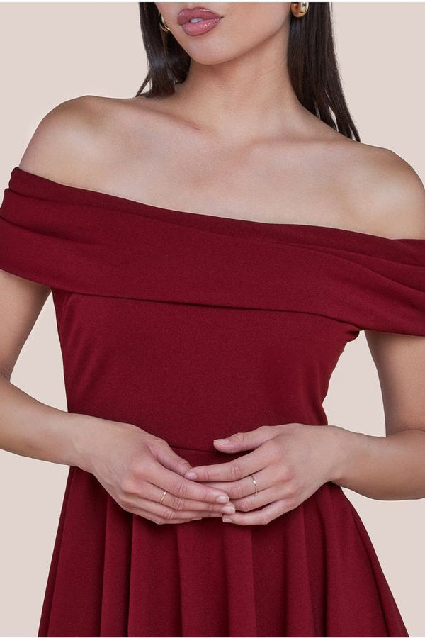 Goddiva Bardot Scuba Crepe Skater Mini Dress - Red By Goddiva