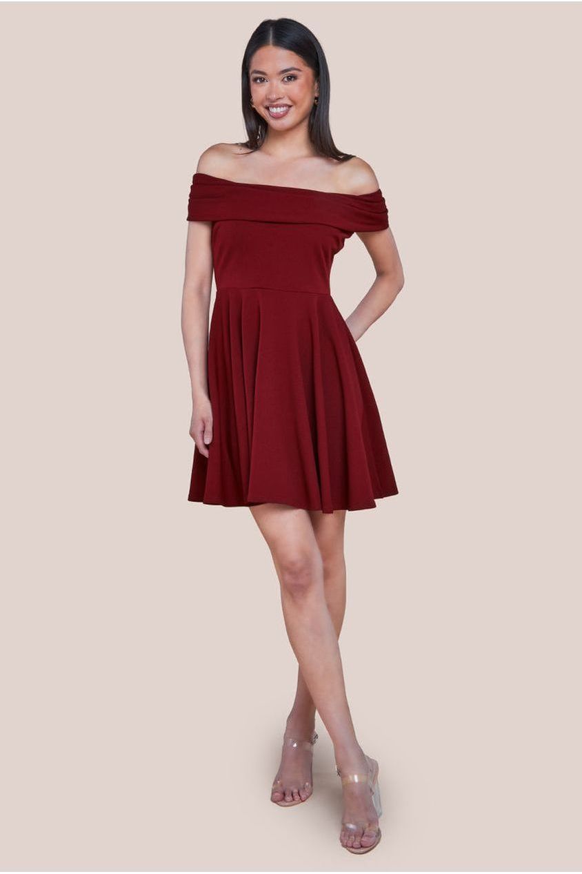 goddiva Bardot Scuba Crepe Skater Mini Dress - Red by Goddiva