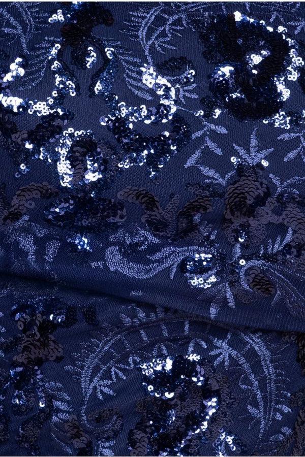 Goddiva Bardot Sequin Embroidered Maxi Dress - Navy Blue By Goddiva Plus