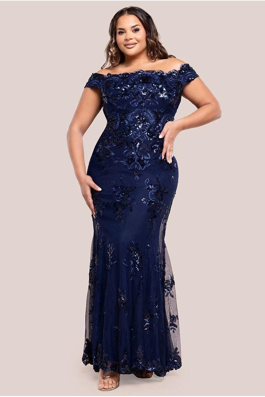 goddiva Bardot Sequin Embroidered Maxi Dress - Navy Blue by Goddiva Plus