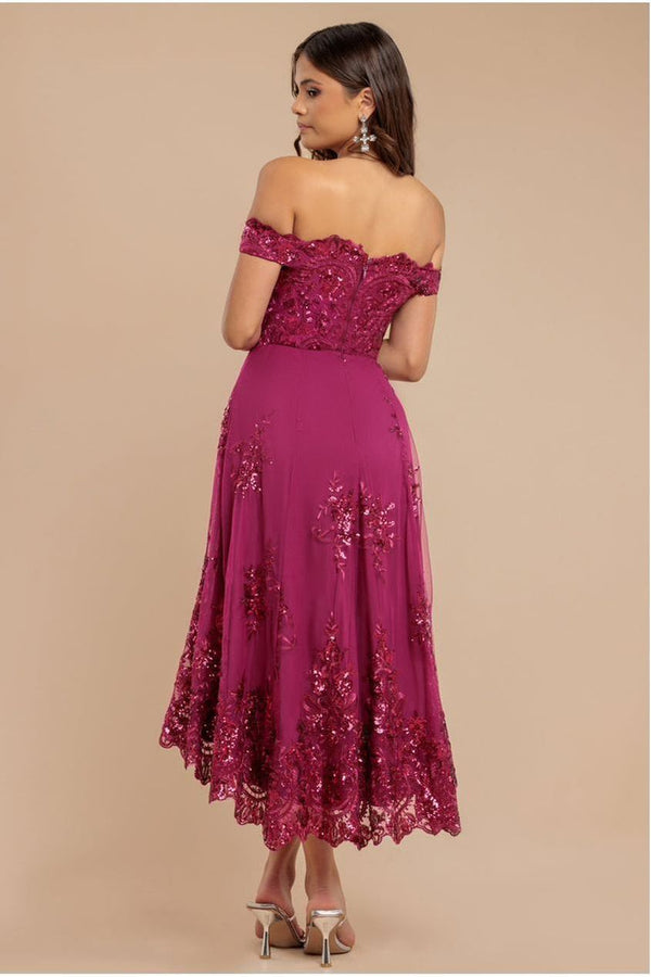 Goddiva Bardot Sequin & Lace High Low Midi - Magenta By Goddiva
