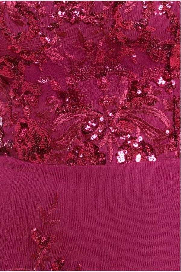 Goddiva Bardot Sequin & Lace High Low Midi - Magenta By Goddiva