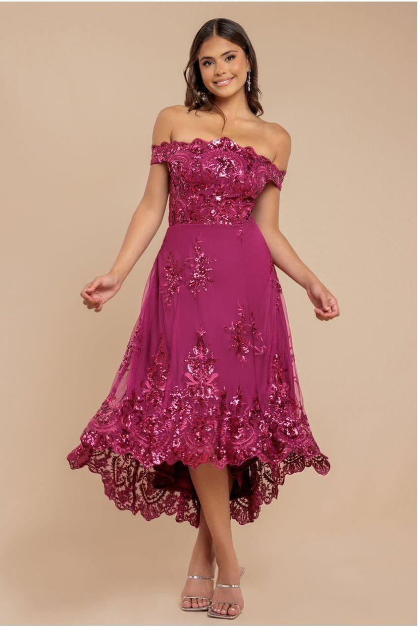 goddiva Bardot Sequin & Lace High Low Midi - Magenta by Goddiva