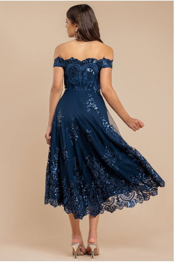 Goddiva Bardot Sequin & Lace High Low Midi - Navy By Goddiva