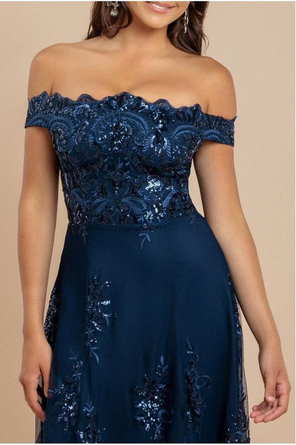 Goddiva Bardot Sequin & Lace High Low Midi - Navy By Goddiva
