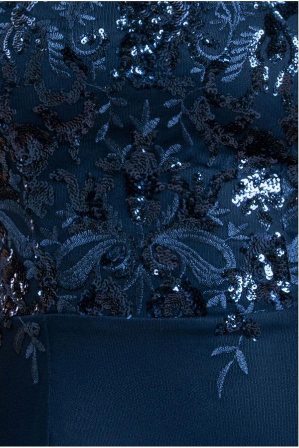 Goddiva Bardot Sequin & Lace High Low Midi - Navy By Goddiva