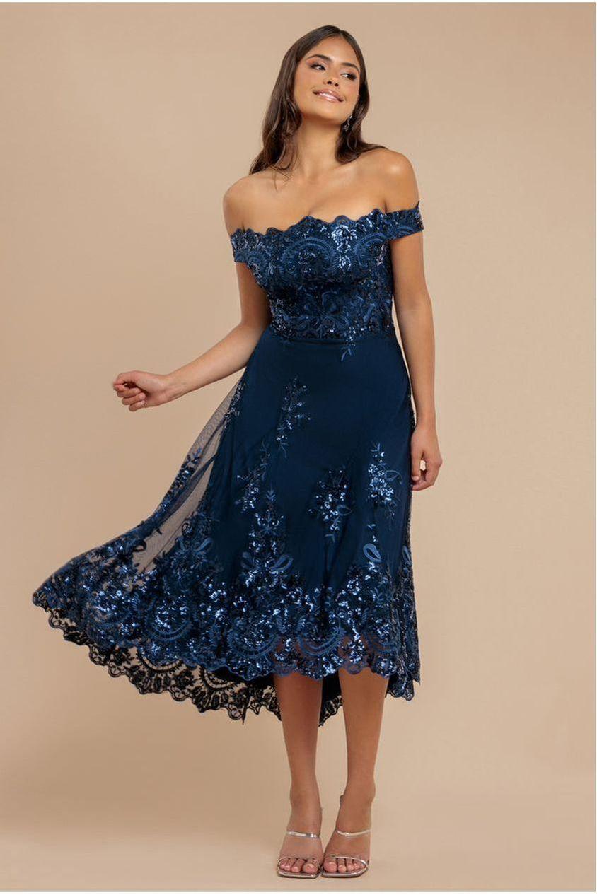 goddiva Bardot Sequin & Lace High Low Midi - Navy by Goddiva goddiva Bardot Sequin & Lace High Low Midi - Navy by Goddiva
