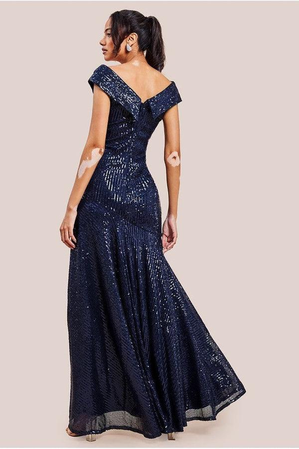 Goddiva Bardot Sequin Pleated Maxi Dress - Navy By Goddiva