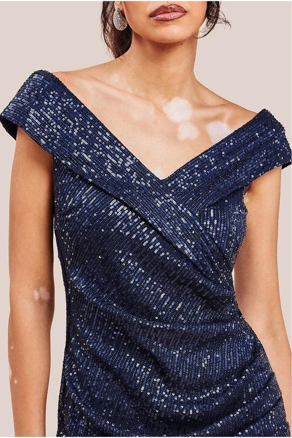 Goddiva Bardot Sequin Pleated Maxi Dress - Navy By Goddiva