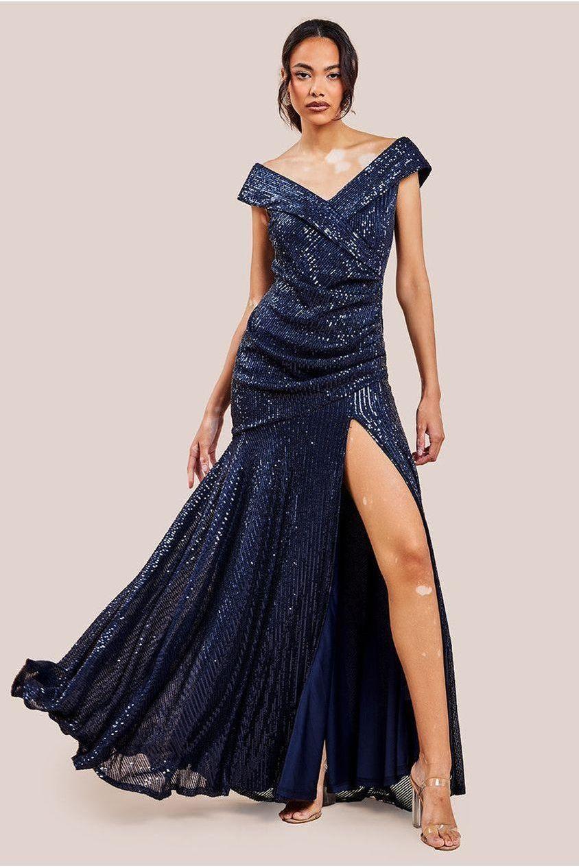 goddiva Bardot Sequin Pleated Maxi Dress - Navy by Goddiva