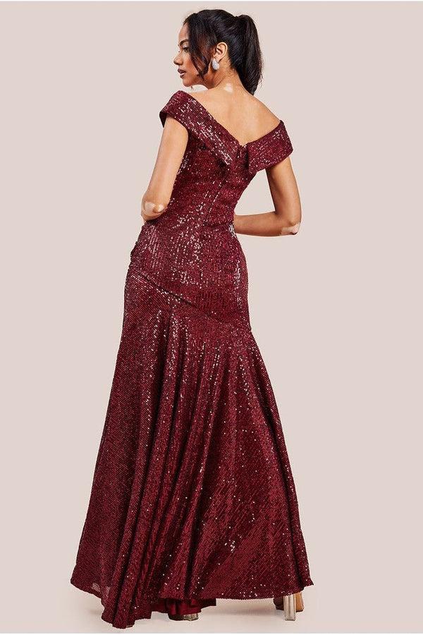 Goddiva Bardot Sequin Pleated Maxi Dress - Wine By Goddiva