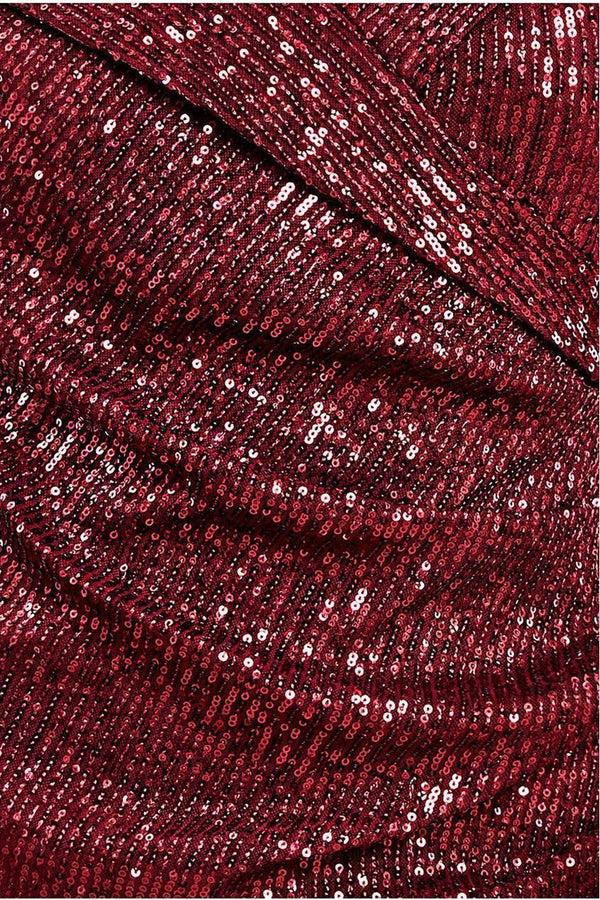 Goddiva Bardot Sequin Pleated Maxi Dress - Wine By Goddiva