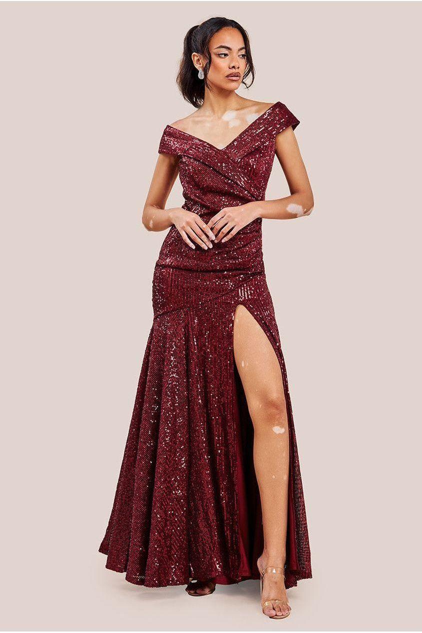 goddiva Bardot Sequin Pleated Maxi Dress - Wine by Goddiva