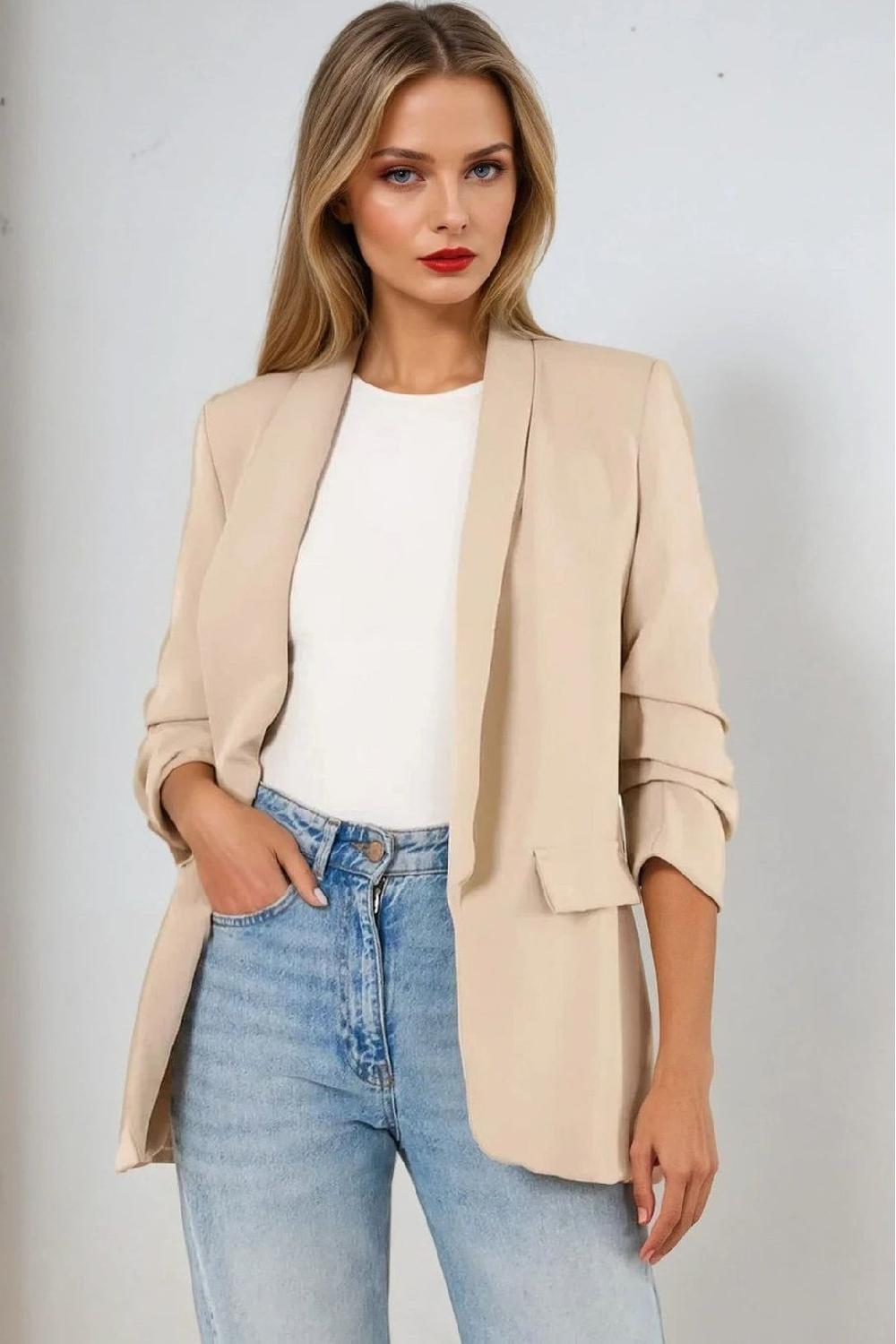 goddiva Beige Blazer With Ruched Sleeves by Aftershock London