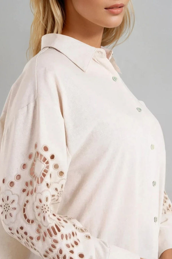 Goddiva Beige Embroidered Sleeve Linen Blend Shirt By Aftershock London