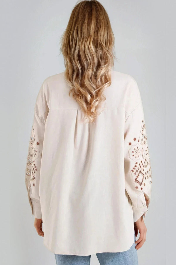 Goddiva Beige Embroidered Sleeve Linen Blend Shirt By Aftershock London