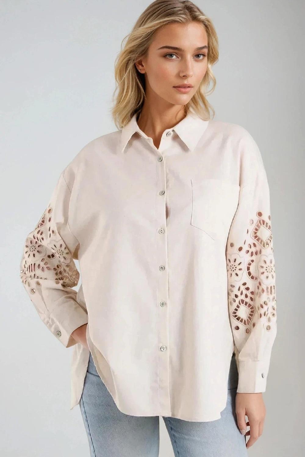 goddiva Beige Embroidered Sleeve Linen Blend Shirt by Aftershock London