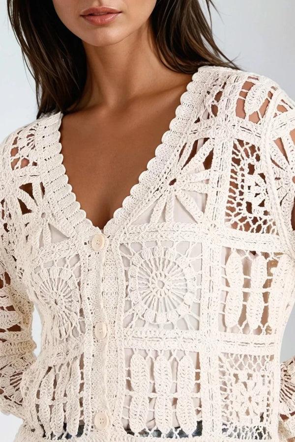 Goddiva Beige Patchwork Crochet V Neck Cardigan By Aftershock London