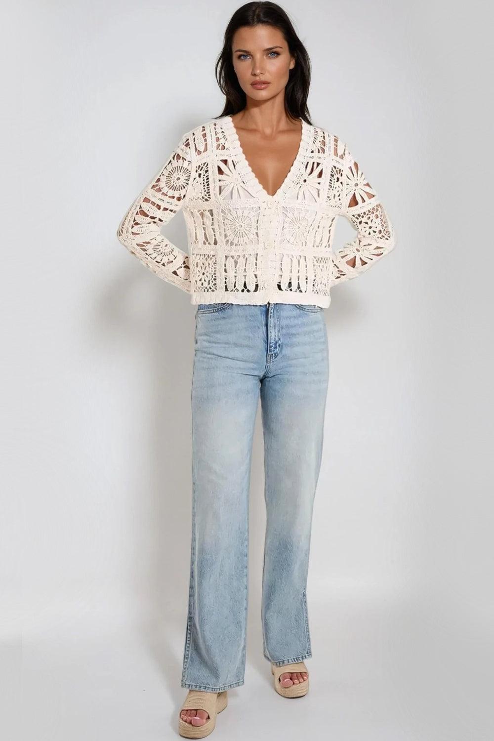 goddiva Beige Patchwork Crochet V Neck Cardigan by Aftershock London