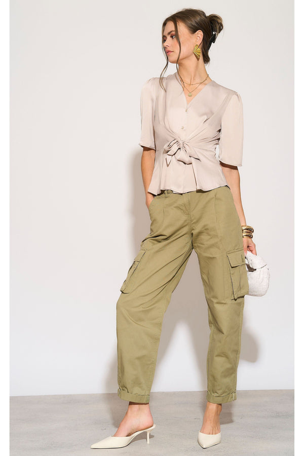 Goddiva Beige Short Sleeve Knotted Crepe Satin Top By LOVE SUNSHINE