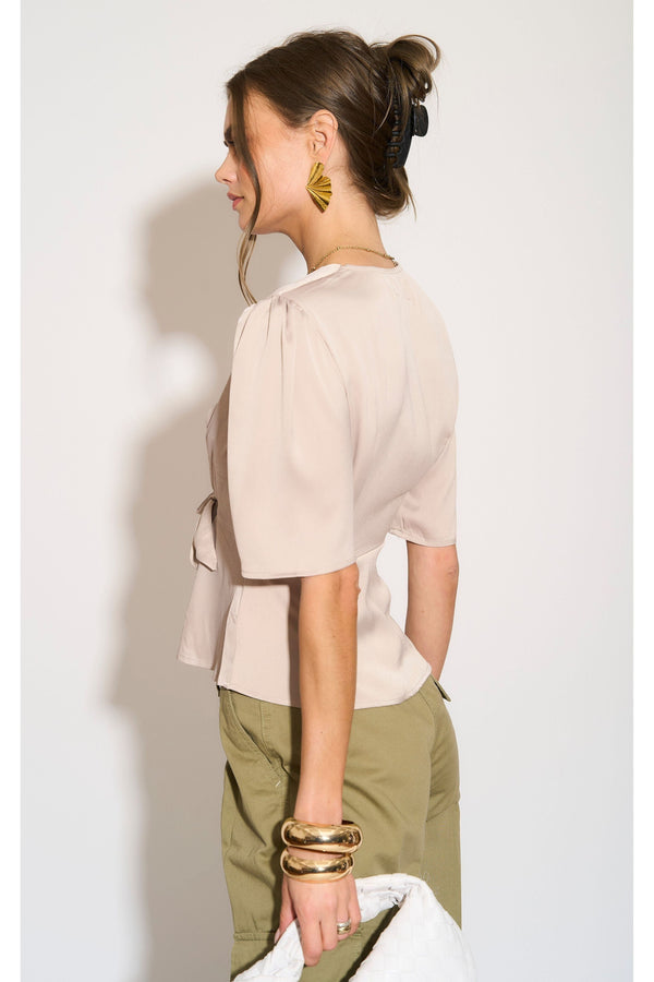 Goddiva Beige Short Sleeve Knotted Crepe Satin Top By LOVE SUNSHINE