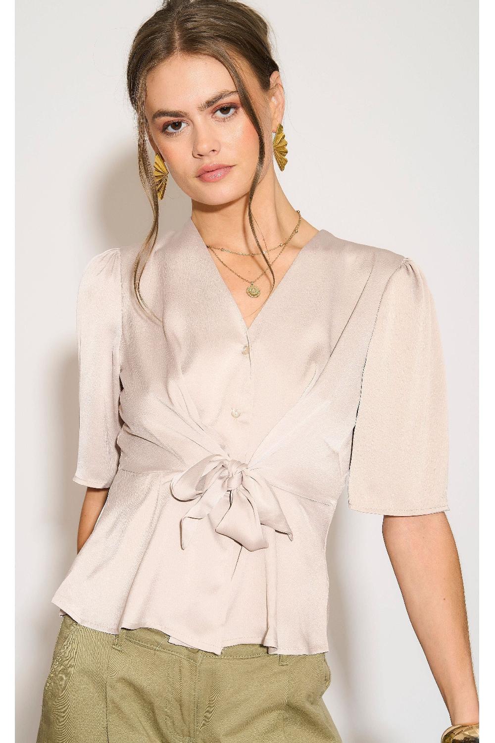 goddiva Beige Short Sleeve Knotted Crepe Satin Top by LOVE SUNSHINE