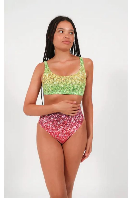 Goddiva Bikini Crop Top In Rainbow Glitter Print By Maribela