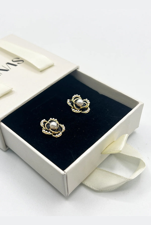 Goddiva Black Flower Pearl Earrings In Gold By SVNX