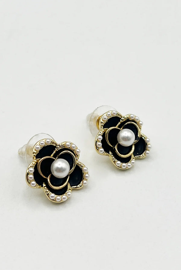 Goddiva Black Flower Pearl Earrings In Gold By SVNX