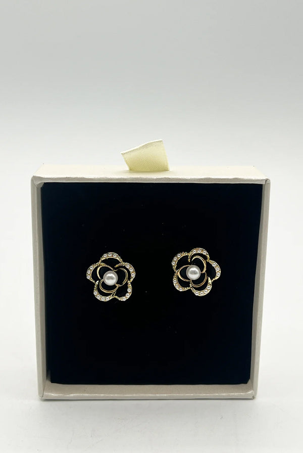 Goddiva Black Flower Pearl Earrings In Gold By SVNX