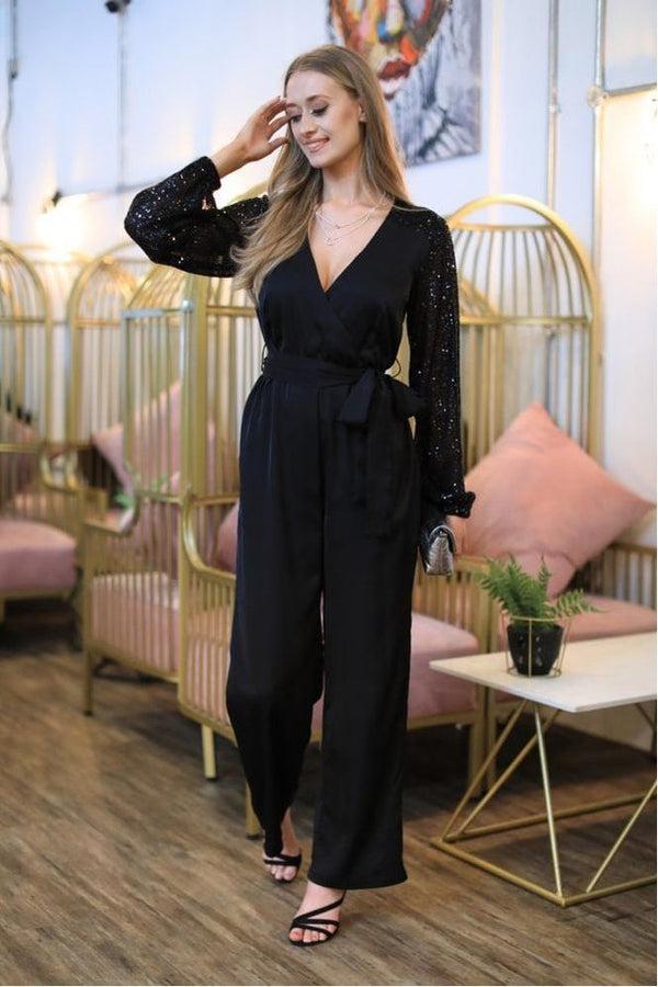 Goddiva Black Jumpsuit With Sequin Sleeves By Double Second