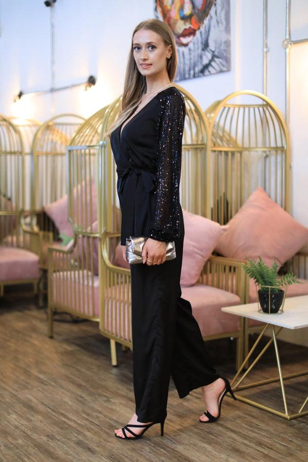 Goddiva Black Jumpsuit With Sequin Sleeves By Double Second