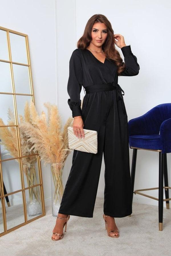 Goddiva Black Lux Satin Wrap Jumpsuit By Double Second