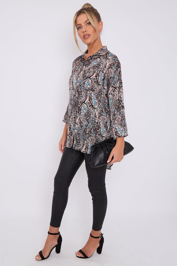 Goddiva Black Paisley Print Layer Satin Oversized Shirt By LOVE SUNSHINE