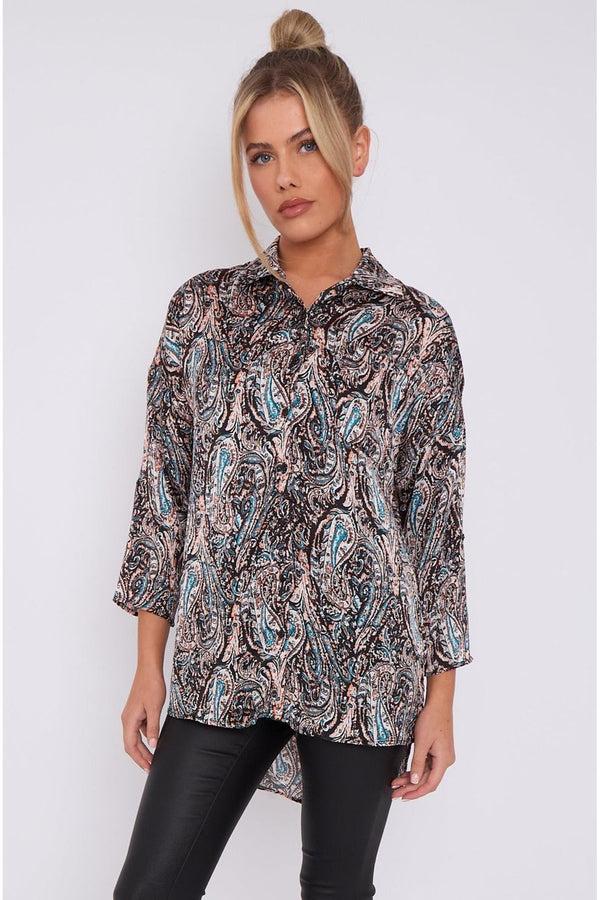 Goddiva Black Paisley Print Layer Satin Oversized Shirt By LOVE SUNSHINE