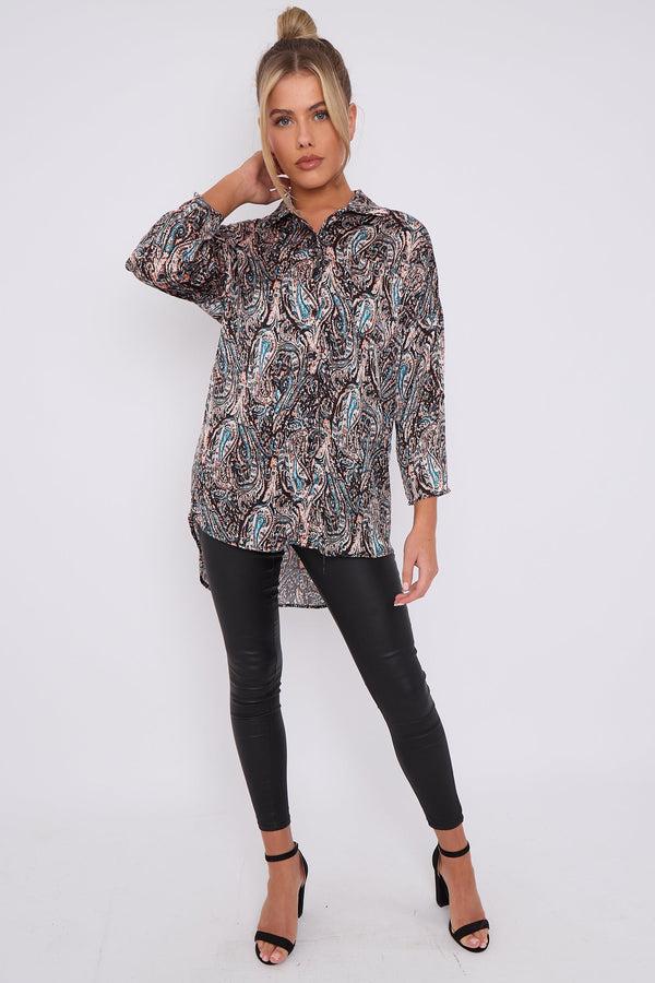 Goddiva Black Paisley Print Layer Satin Oversized Shirt By LOVE SUNSHINE