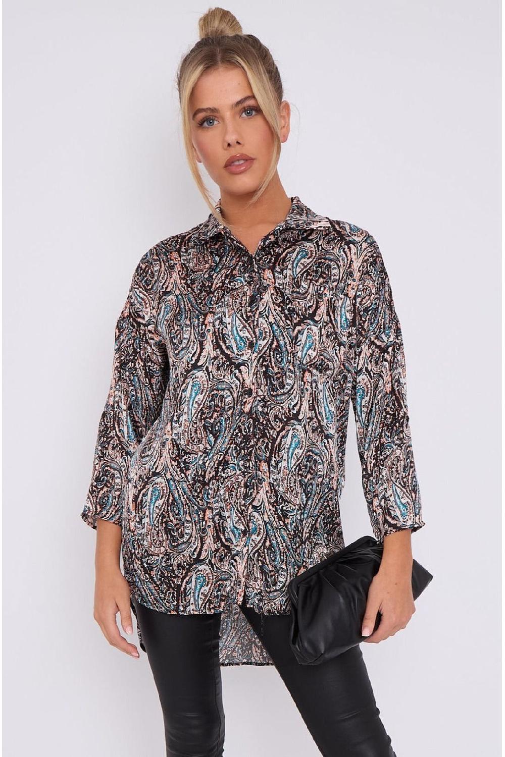 goddiva Black Paisley Print Layer Satin Oversized Shirt by LOVE SUNSHINE