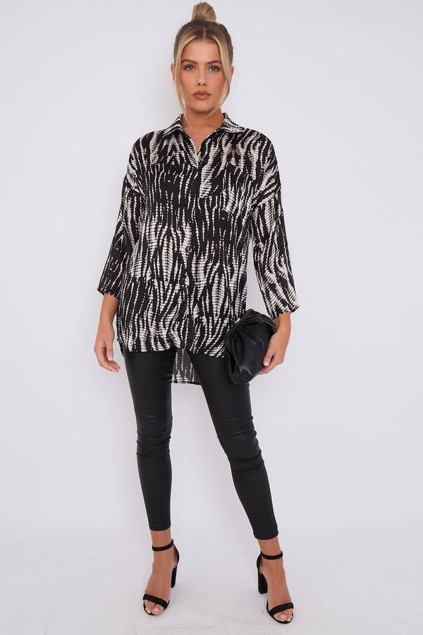 Goddiva Black Tie Dye Print Satin Oversized Shirt By LOVE SUNSHINE