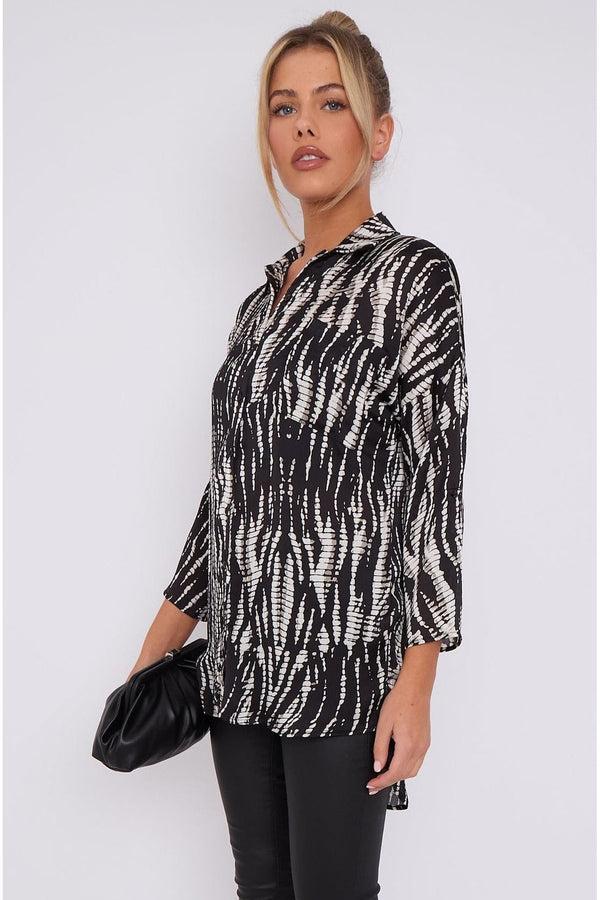 Goddiva Black Tie Dye Print Satin Oversized Shirt By LOVE SUNSHINE