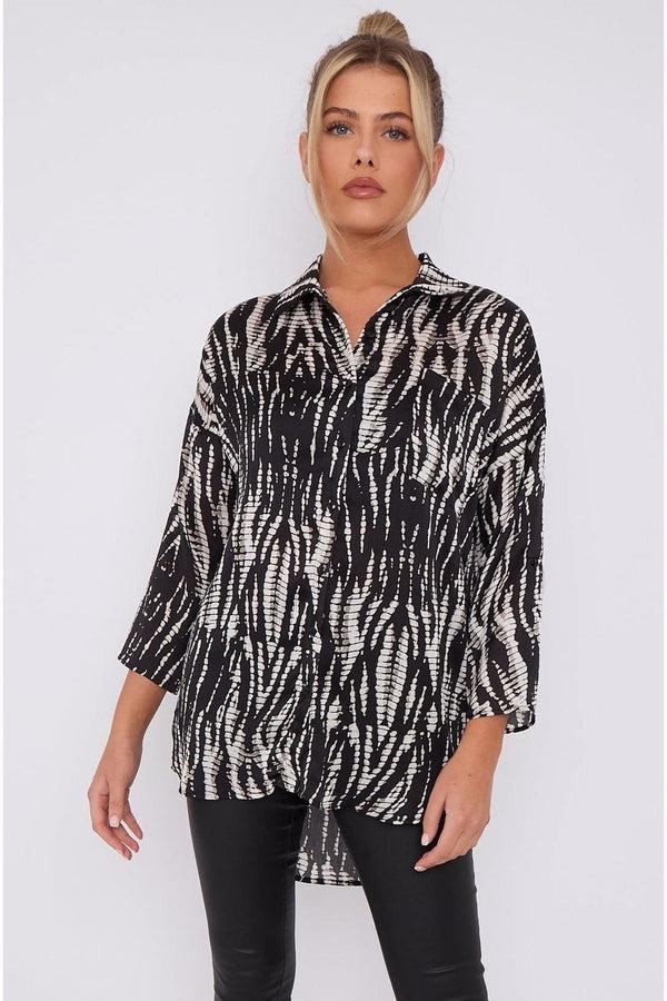 Goddiva Black Tie Dye Print Satin Oversized Shirt By LOVE SUNSHINE