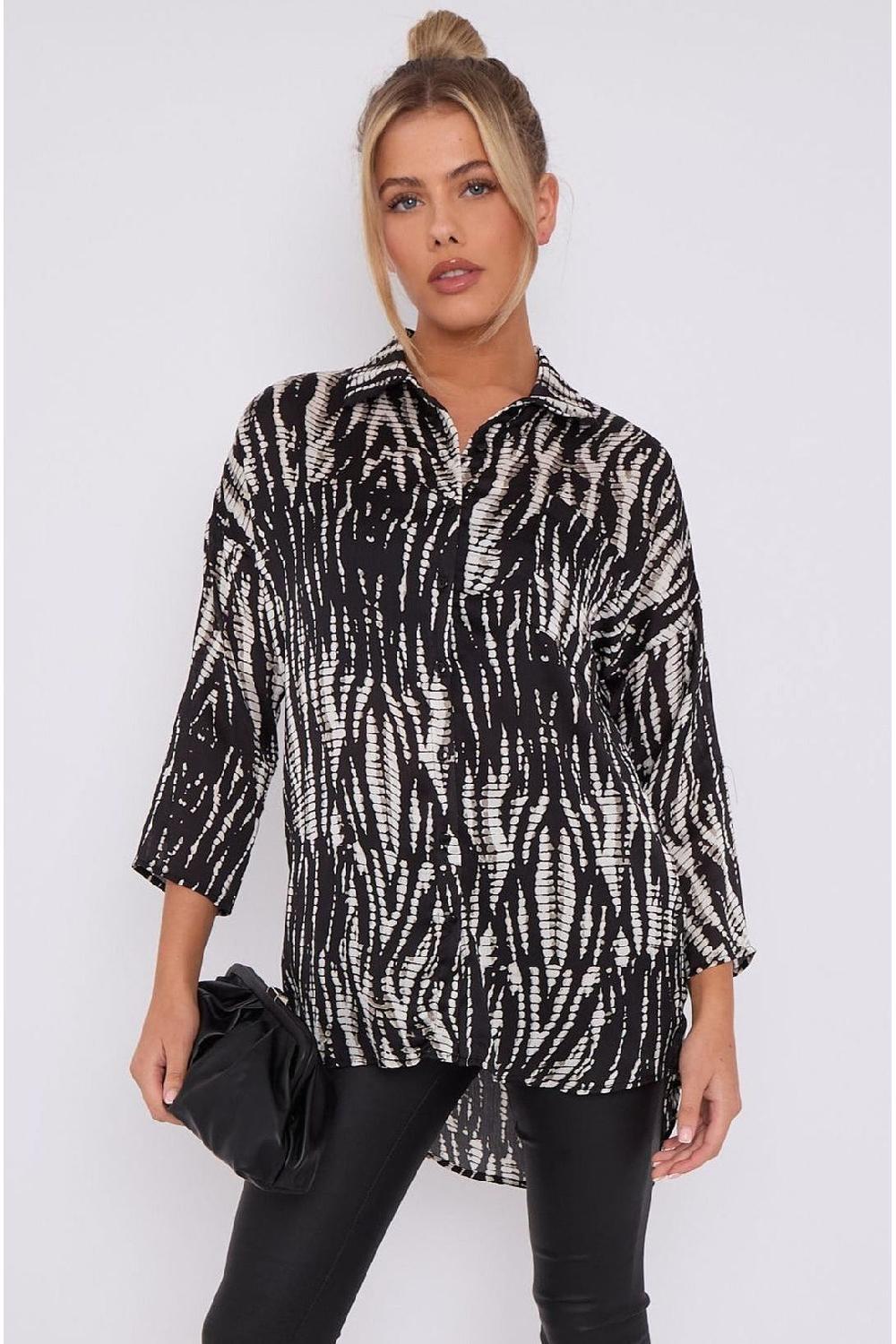 goddiva Black Tie Dye Print Satin Oversized Shirt by LOVE SUNSHINE