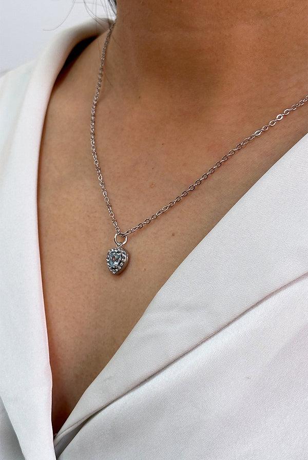 Goddiva Blue Crystal Heart Pendant Necklace In Silver - Gift Boxed By SVNX