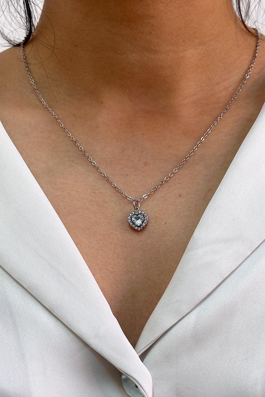goddiva Blue Crystal Heart Pendant Necklace In Silver - Gift Boxed by SVNX
