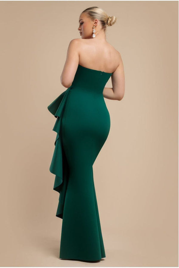 Goddiva Boobtube Peplum Waterfall Frill Maxi Dress - Emerald Green By Goddiva